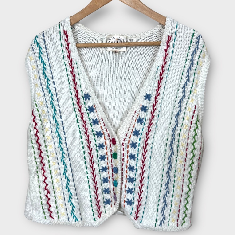 Susan Bristol Sweater Vest Women M White 1993 Hand Embroidered Colorful Knit